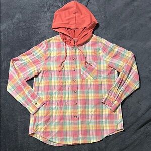 Pastel plaid women’s large button down drawstring hoodie pocket spring shacket